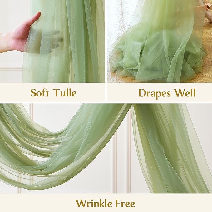 Wedding Arch Draping Fabric Backdrop 1 Panel 60" x 26Ft Sage Green Drapes Curtains for Wedding Reception Sheer Tulle Backdrop Curtain for Ceremony Birthday Party Baby Shower Arbor Ceiling Decorations