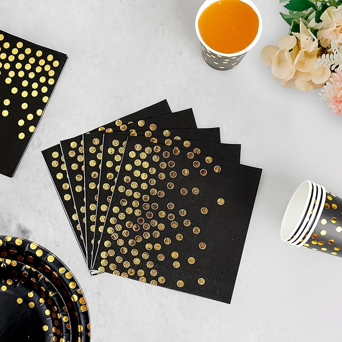 Black and Gold Party Supplies - 350 PCS Disposable Dinnerware Set - Black Paper Plates Napkins Cups, Gold Plastic Forks Knives Spoon for Halloween, Graduation, Birthday, Cocktail Party