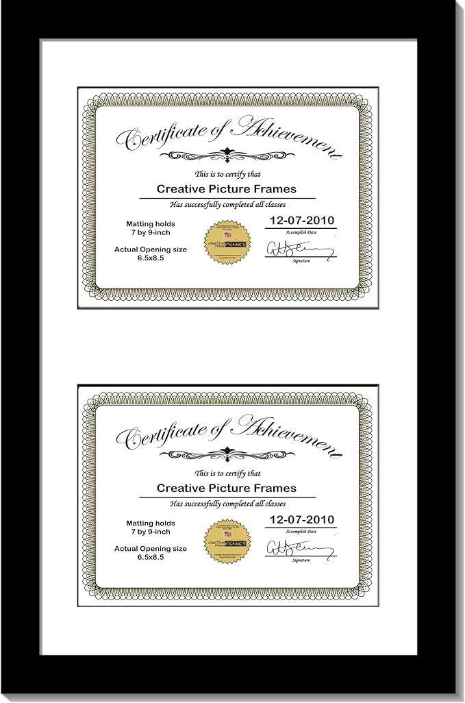 Creative Picture Frames 10X16Bk-W Black Vertical Double Diploma Frame With 2 Opening White Matting | Holds 2-6X8-Inch Documents With Installed Wall Hanger (White Mat-Vertical Black Frame, 7X9)