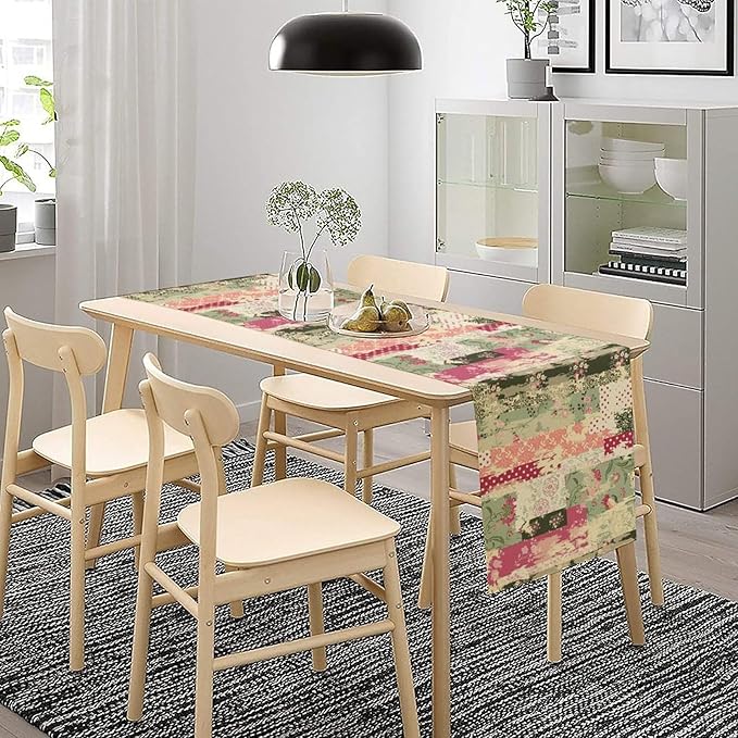 Patchwork Flower Table Runner,Abstract Colorful Floral Retro Style Hand Drawn Tablecloth Burlap for Hotel Indoors Outdoor Dining Room Kitchen Home Decor,W13X L70 in
