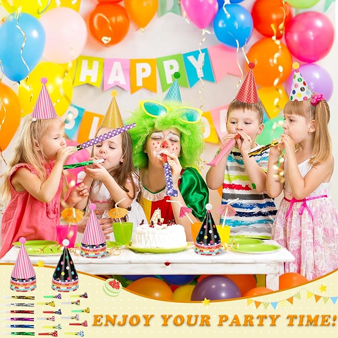 116 PCS Birthday Party Cone Hats Assorted Colors Cone Paper Hat with Colorful Blowers and Metallic Fringed Noise Makers Blowouts for Kids Adults Birthday Baby Shower Party Supplies