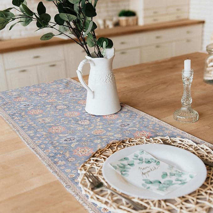 Snycler Table Runner Boho Table Runners Vintage Elegant Farmhouse Table Center Linen Decor for Home Dining Party Entrance (13x72 Inch) Blue