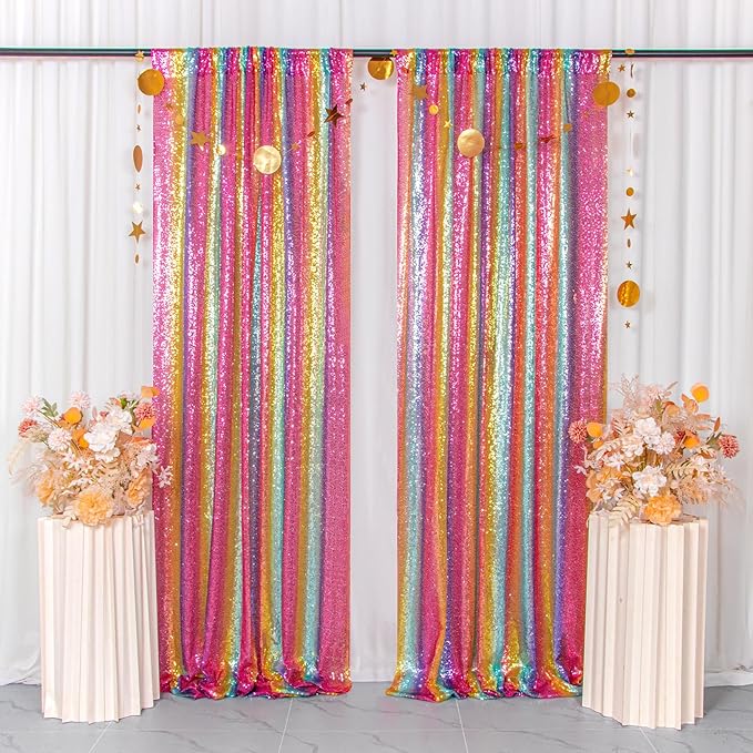 ShinyBeauty Sparkle Backdrop Curtain 2 Panels Set Sequin Photo Backdrop 2FTx8FT Sequin Backdrop Curtain Pack of 2~1220S (2FTx8FT, Rainbow)