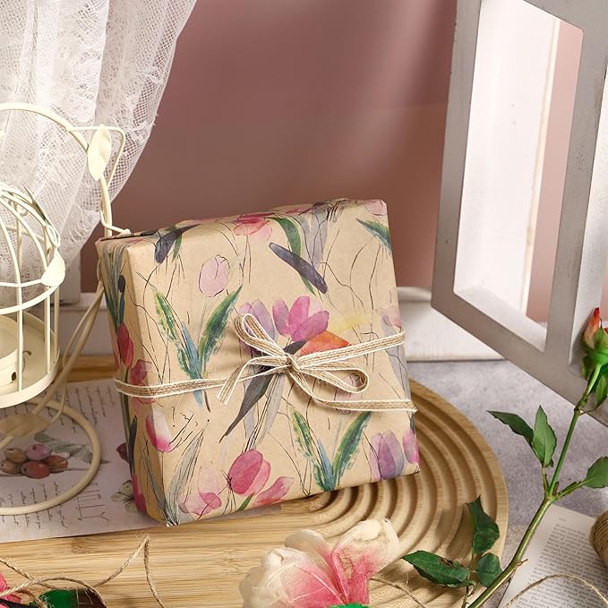 RUSPEPA Flower Wrapping Paper Roll, 17 in x 16.4 ft, Mini Roll, Tulips Watercolor Gift Wrap, Floral Kraft Wrapping Paper for Women, Girls, Spring, Summer, Wedding and Mother's Day