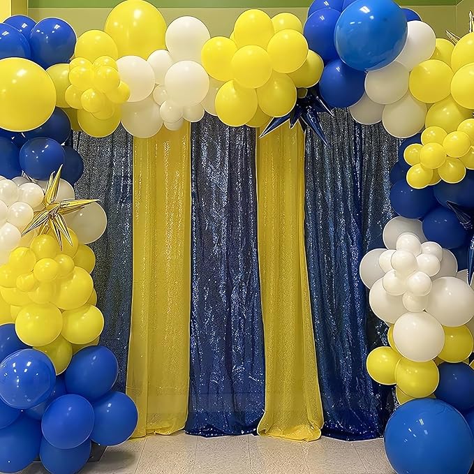 ShinyBeauty Sequin Backdrop Yellow and Royal Blue Backdrop Set of 4, 2FTx8FT Photo Backdrops Shimmer Wall Photograph Backgrounds Glitter Curtains 4 Pieces