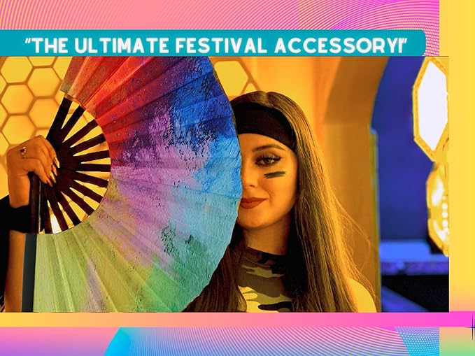 Rave Fan - Large Folding Fans (2 Pack) - Galaxy Rave Accessories for Festivals, EDM, Burlesque, Drag Queen, Raver Gifts