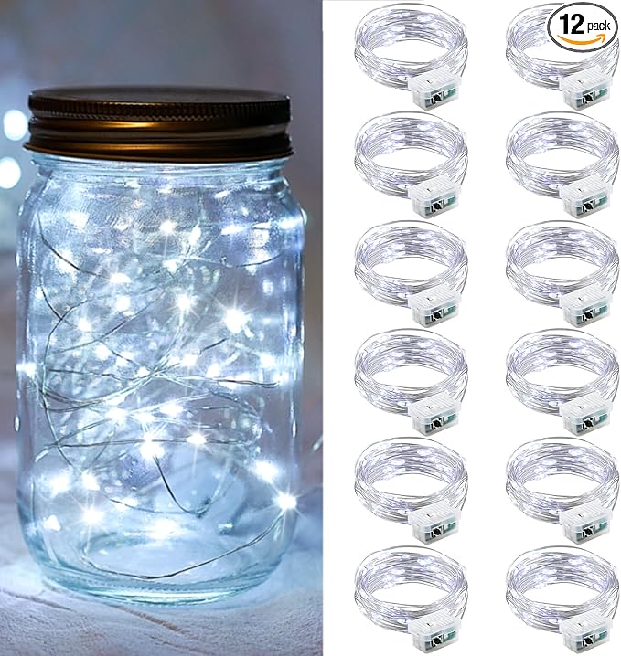 12 Pack White Fairy Lights 7Ft 20 LED Twinkle String Lights 3 Modes Battery Operated Waterproof Firefly Starry for Mason Jar Party Wedding Christmas Valentines Day Table Centerpieces,Cold White