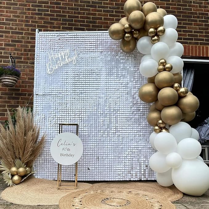 Qcity Matte White Sequin Wall Backdrop 30PCS, Black Back Not See-Through Design, Square Sequin Glitter Backdrop Panel, Perfect for Outdoor Events, Birthdays, Wedding and Party Decoration