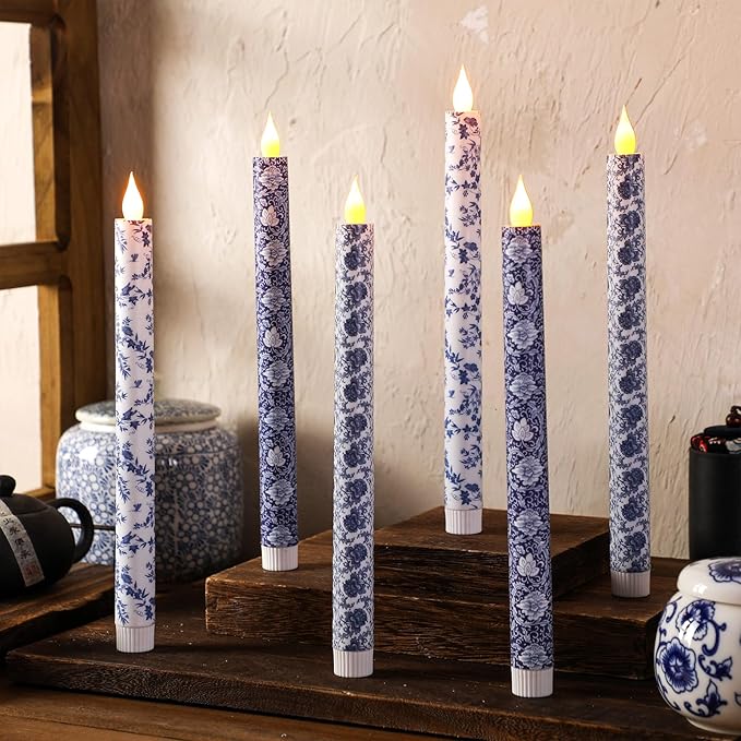 Baquler 6 Pcs Christmas Chinoiserie Flameless Candles 10.6 Inch Blue and White Battery Operated Led Candlesticks Chinoiserie Decor for Christmas Centerpiece Xmas Party Decor Holiday Gifts