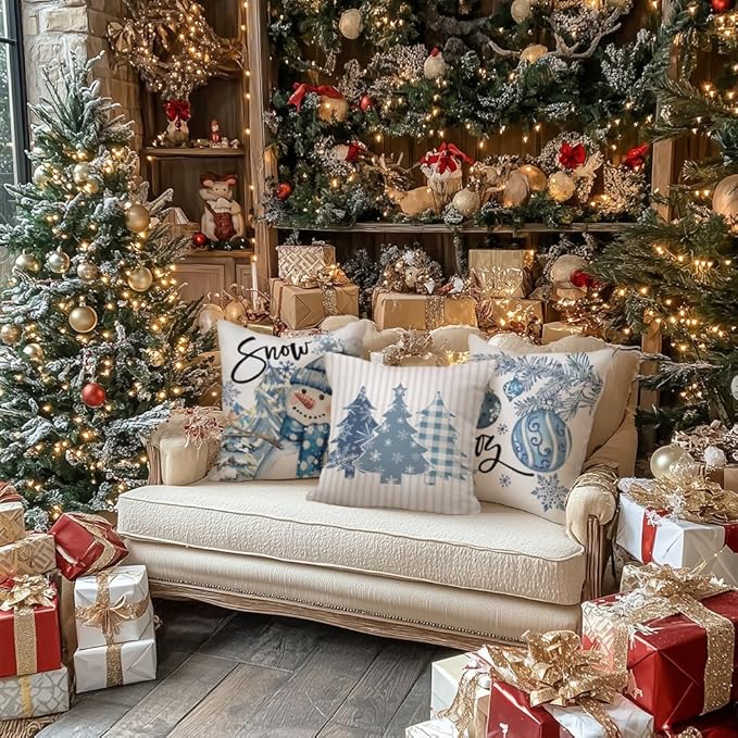 GEEORY Winter Christmas Throw Pillow Covers 16 x 16 Inch Set of 4, Xmas Trees Snowflake Snowman Joy Plaid Holiday Farmhouse Decorative Cushion Cases for Home Decoration G582-16