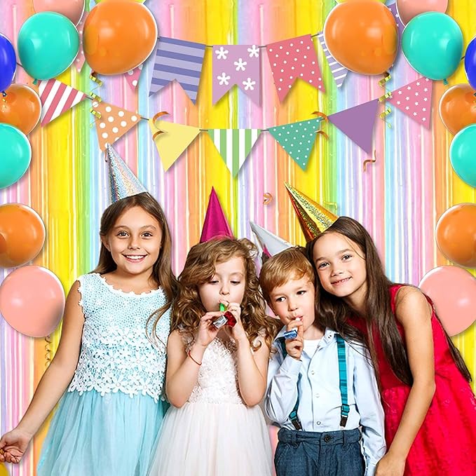 6 Pack Rainbow A Foil Fringe Curtains Backdrop, 3.28 x 8.2 Ft Metallic Streamers Tinsel Curtains Background for Photo Booth, Birthday, Weddings, Carnivals, Graduation, Themed Party Decorations