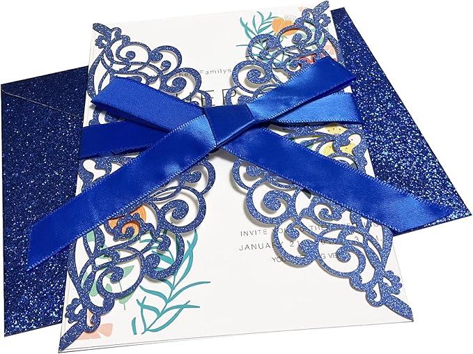 50Pcs Laser Cut Blue Wedding Invitation With Glitter Envelopes And Ribbons Blank Personalized Card Invitaciones Para quinceañera Birthday Baby Shower Christmas Party Bridal Shower