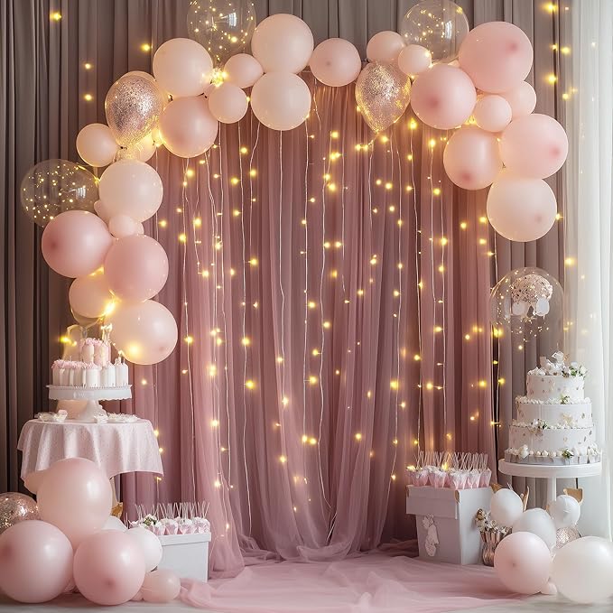 Fomcet Dusty Rose Tulle Backdrop Curtains with Lights String 10FT X 10FT Sheer Curtains with Lights Tulle Curtain Backdrop for Wedding Birthday Party Photo Shoot (2 Panels 5x10FT)
