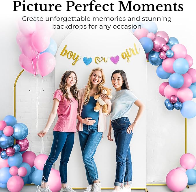 Metal Arch Backdrop Stand and Cover Set – 3 Gold Frames (7.2ft, 6ft x2) with White Wrinkle-Free Spandex Covers, Water Weights, Bags & Case – Wedding, Birthday, Baby Shower, Party Decor
