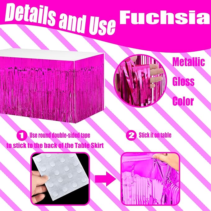 4 Pack 29x108 Inch Metallic Foil Fringe Tinsel Table Skirts for Rectangle Tables Streamer Curtains Backdrop for Christmas, Birthday, Parade Floats, Halloween Day Party Supplies(Fuchsia)