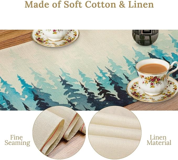 Misty Forest Table Runner,Foggy Blue Forest Landscape Table Runner for Kitchen Dining Table Home Party Decoration 13x72 Inch