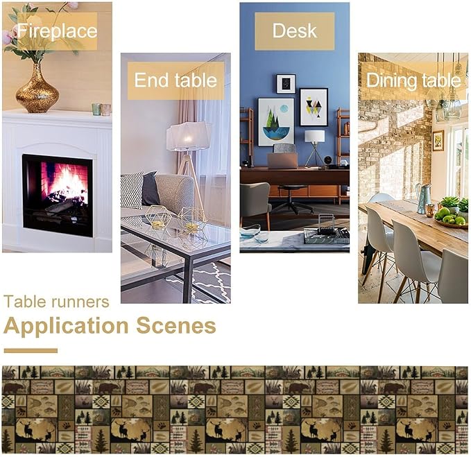 Vintage Deer Bear Table Runner, Fish Retro Farmhouse Cabin Lake Country Lodge Table Runner for Home Dinner Kitchen Living Room, 13x60 Inch