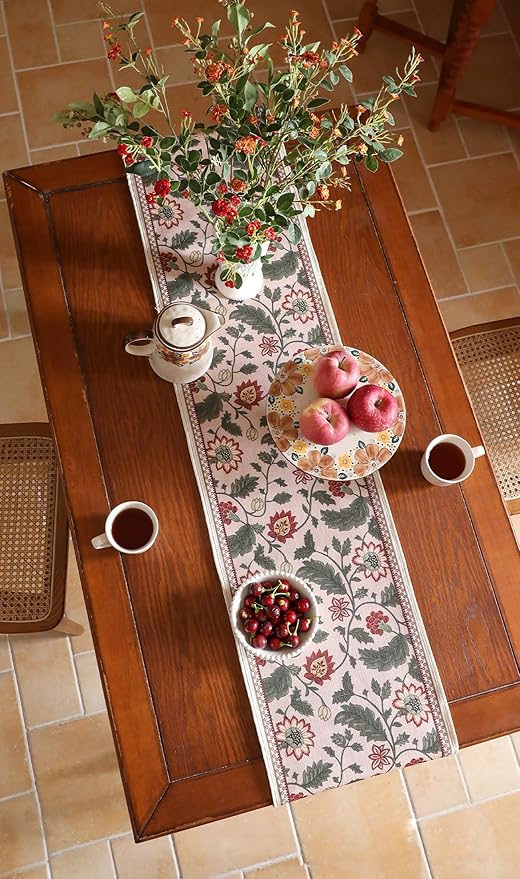 ISAENNE Designer Provence Elegant Linen Table Runner 102 Inches Long,Flower and Leaves Pattern Durable Table Runners for Dining Tables,Thanksgiving,Kitchen Tables,Christmas,12"*102"-Ratina