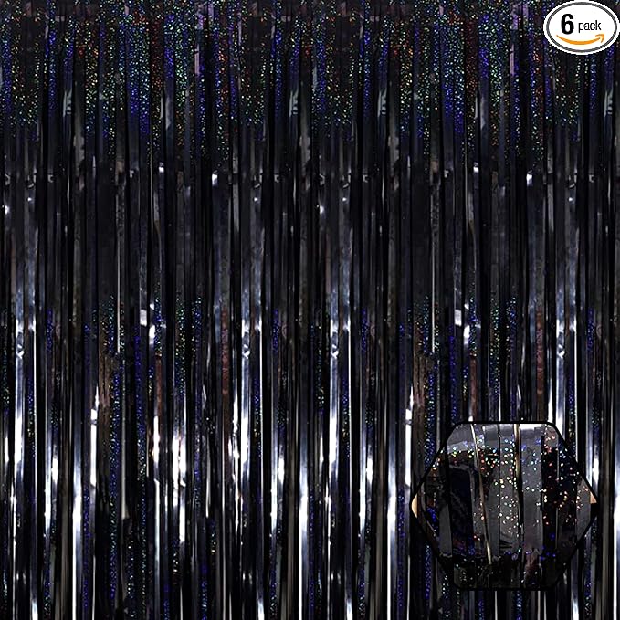 6 Pack Black Foil Fringe Curtain Backdrop, 3.28Ft x 8.2Ft Metallic Tinsel Foil Fringe Streamer Curtains for Photo Booth, Birthday, Wedding, New Year Party Decorations