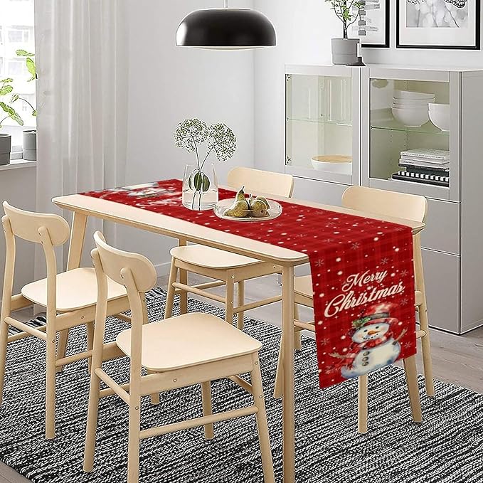 Christmas Table Runner,Christmas Snowman Snowflakes Winter Seasonal Table Cloth Kitchen Dining Table Decoration for Home Party Decor 13x90 Inch