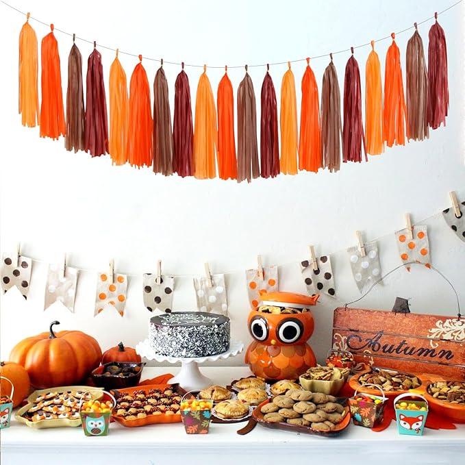 Brown Burgundy Orange Party-Decorations Tassel-Garland - 20pcs Fall Autumn Thanksgiving Harvest Tassels, Rustic Boho Wedding Birthday Baby Shower Decor Panduola