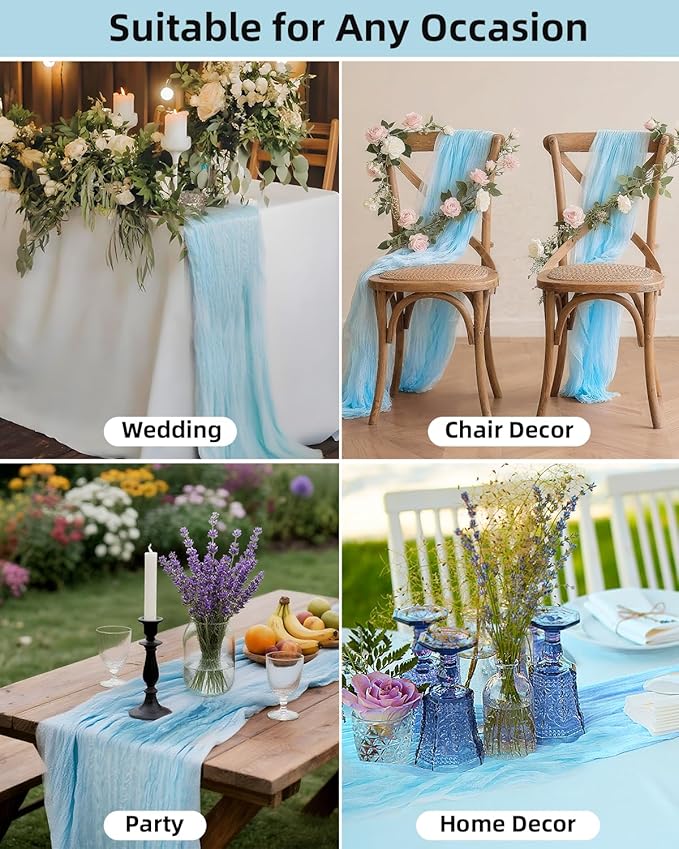 Blue Cheesecloth Table Runner 120 Inch, Light Blue Boho Gauze 10 FT, Rustic Cheese Cloth Table Runner for Wedding, Baby Bridal Shower, Birthday, Party, Holiday Decor Home Decorations