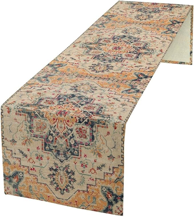 Bohemia Orange Table Runner, Rustic Farmhouse Vintage Geometric Floral Print Table Cover for Home Kitchen Dining Table Party Decor, 13x60inch