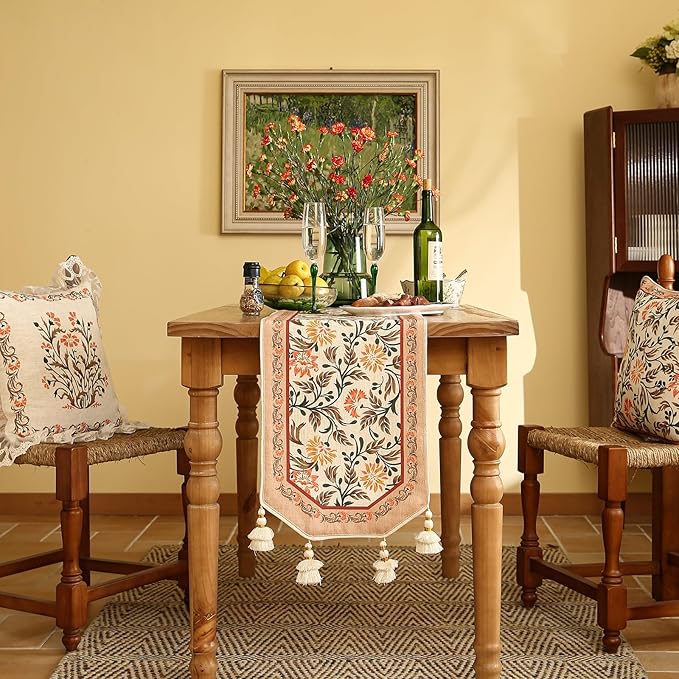 ISAENNE Designer French Elegant Linen Table Runner 71 Inches Long,Farmhouse Lily Pattern Decor Table Runners for Dining Tables,Thanksgiving,Kitchen Tables,Christmas,12"*71"-Aurora A
