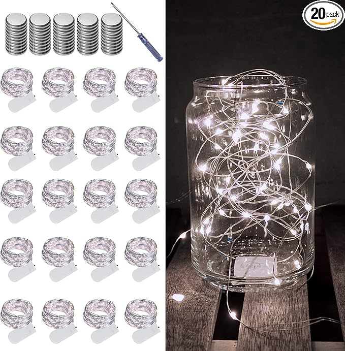 LAMPHOME 20 Pack Fairy Lights Battery Operated String Lights, 20 LED on 6.6FT Silvery Copper Wire, Firefly Fairy String Lights for Wedding Party Mason Jar Christmas Decorations Bedroom Decor(White)