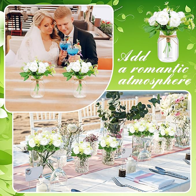 6 Set Centerpiece Table Decorations Mason Jar Table Centerpiece with Flower Mason Jar Wedding Centerpieces Vases Decor for Reception Engagement Party Bridal Shower (White Rose)