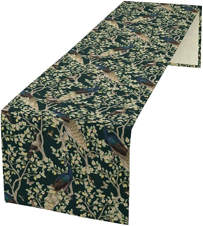Peacock Table Runner,Retro Floral Plants Peacock Table Runner for Home Kitchen Dining Party Indoor Outdoor Decoration 13x90 Inch