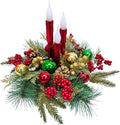 Christmas Floral Arrangement Centerpiece with 3 Flameless LED Candles, Battery Operated Lighted Holiday Table Decoration with Pine, Berries & Ornaments Holiday Winter Decorations