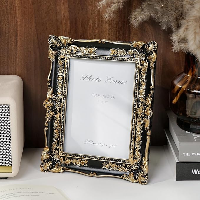 Cuspin Vintage Black and Gold Picture Frame 5x7, Ornate Baroque Resin Handcrafted Picture Frames with Glass Front, Antique Textured Design Decorative Frame for Tabletop & Wall Display