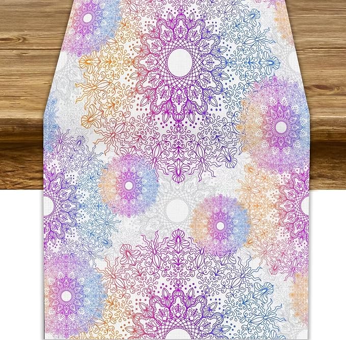 Oriental Mandala Table Runner, Traditional Bohemian Gradiently Purple Pink Blue Mandala Flower Table Runner for Farmhouse Cottage Kitchen Dining Table Decor, 13x70inch