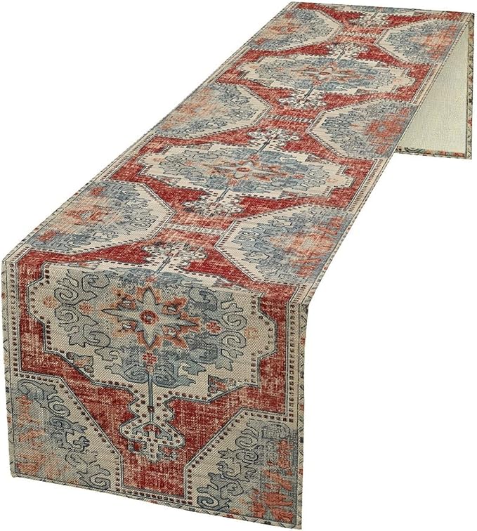 Boho Floral Vintage Table Runner, Retro Blue Red Flower Rustic Country Farmhouse Abstract Pattern for Home Kitchen Table Decor Dining Coffee Room Party Decor 13x90in