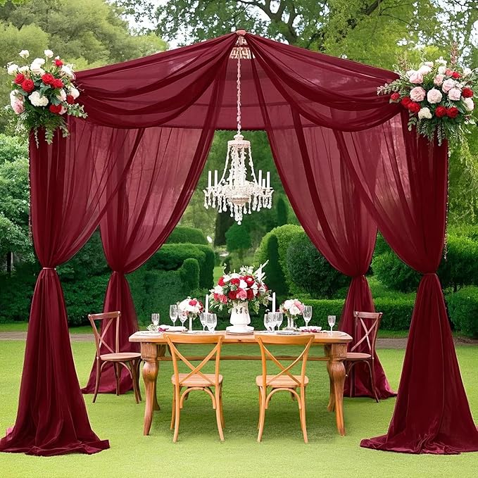 MODFUNS Burgundy Ceiling Drapes for Weddings 5FTx20FT 2 Panels Sheer Wedding Arch Draping Chiffon Fabric Ceiling Drapery Arbor Archway Drapes Tulle Curtains for Ceremony Swag Wedding Decorations