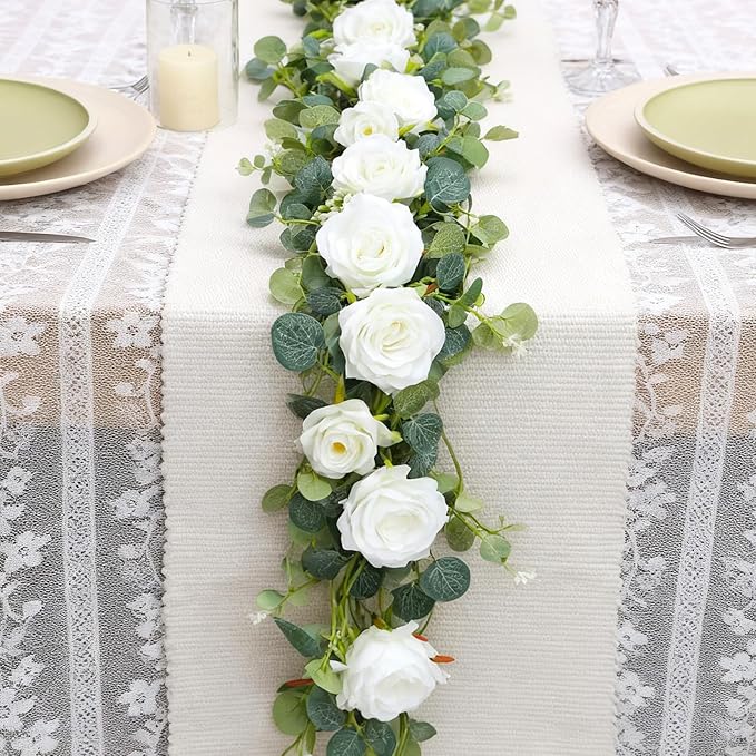 6FT Artificial Eucalyptus Garland with 14 Fake White Rose Flowers - Floral Greenery Decoration Vine for Wedding Centerpieces, Table Runner, Backdrop, Arch Wall Decor,Indoor/Outdoor (1 PCS)