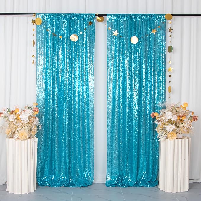 ShinyBeauty Turquoise Curtains 8 Panels, 2Ftx8Ft, Glitter Photograph Backdrops, Blue Backdrop Curtain for Parties,Birthday Decor,Sequin Background