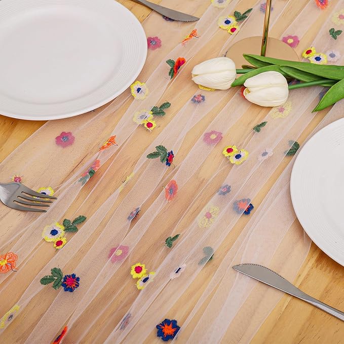 BINBE 6pcs Ivory Daisy Fall Table Runner Embroidery Gauze 10FT Florals Seasonal Tulle Holiday Birthday Kitchen Dining Table Decor for Home Party