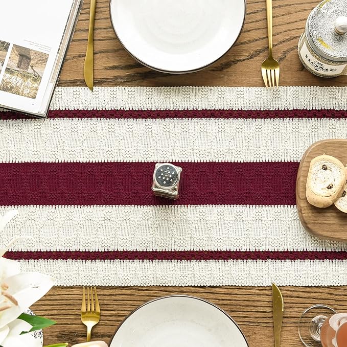 Artoid Mode Red Farmhouse Woven Rustic Table Runner, Seasonal Holiday Hollow Kitchen Dining Table Decoration for Home Party Decor 12x90 Inch