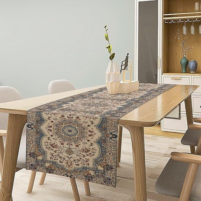 Boho Bohemia Style Table Runner, Vintage Blue Teal Gold Retro Flower Rustic Country Style Floral Print Pattern for Home Kitchen Table Decor Dining Coffee Room Garden Party Decor 13x120in