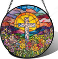 Stained Glass Window Hanging - Cross Flower Sea Sun Catcher for Door Terrace Garden Home Decor, Mountains Landscape Suncatcher Birthday Gifts for Lovers Women Men Dad Mom Nana 9.8 in