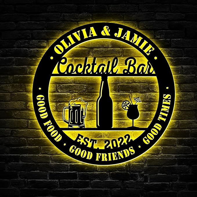 Personalized Cocktail Bar Metal Sign LED Lights, Cocktail Sign, Drinking Lounge, Cocktail Lovers Gift, Father Day Gift, Bar Decor for Home