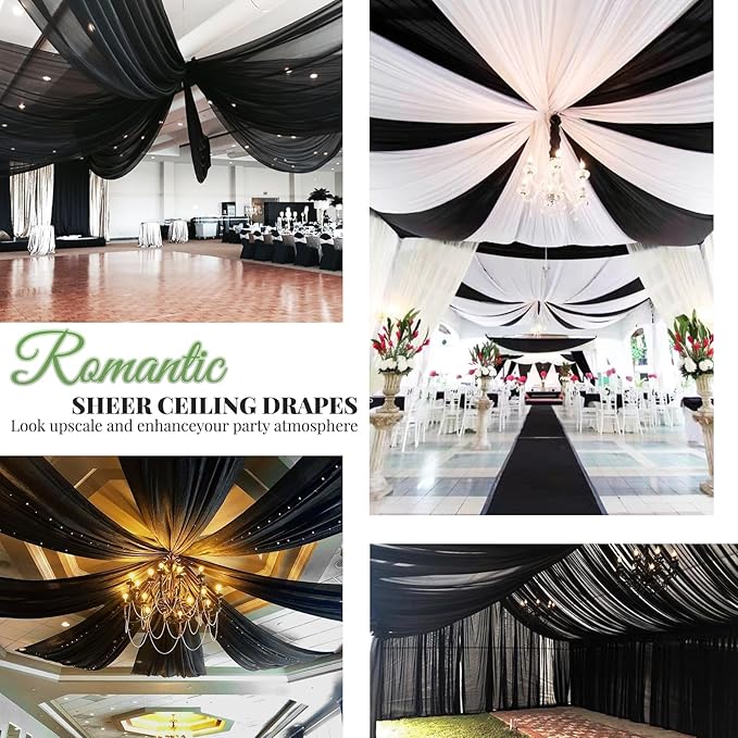 6 Panels Black Wedding Ceiling Drapes 5ftx40ft Ceiling Drapes Chiffon Fabric Arch Draping Sheer Curtains Soft Drapery Draping Wedding Ceiling Decorations for Party Ceremony Stage Swag
