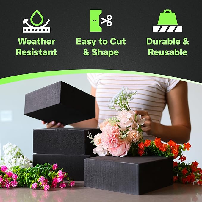 XCEL Floral Foam Blocks - Reusable, Weather Resistant Foam - Perfect for Fresh & Artificial Flower Arrangements, Crafts, Planter Boxes, Home Decor & More - 4-Pk, Black (7” x 7” x 3”)
