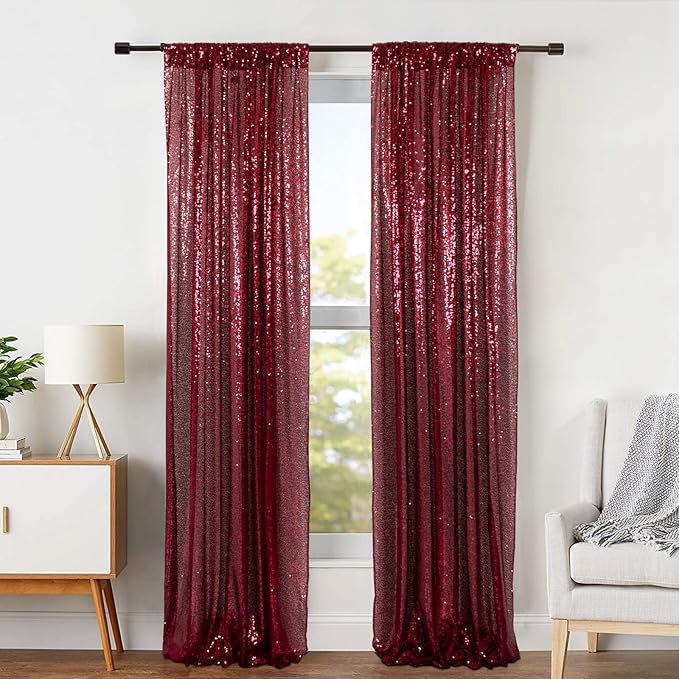 ShinyBeauty Burgundy Sequin Curtain Backdrop 2 Panels 4FTx8FT Photo Curtain Backdrop Curtain Panels 96 Inches Long -190522E