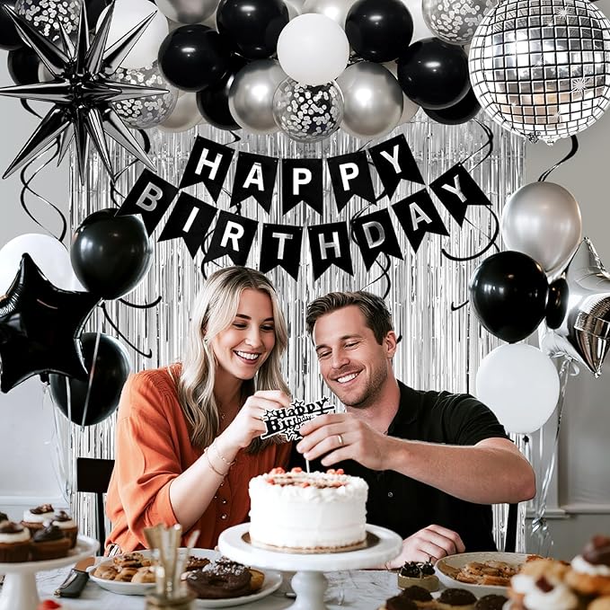 19th Birthday Decorations for Boys Men, Black Silver Happy Birthday Party Decorations， 19 Year Old Party Supplies with Number 19 Balloons, Banner, Fringe Curtains Kit