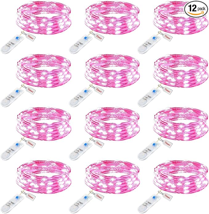 Minetom 12 Pack Pink Fairy Lights Battery Operated String Light with Timer - 7ft 20 LED Waterproof Silver Wire Firefly Light for DIY Crafts Wedding Table Centerpieces, Pink