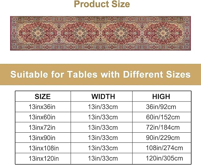 Vintage Boho Floral Table Runner, Rustic Country Farmhouse Red Gold Bohemia Flower Pattern for Home Kitchen Table Decor Dining Coffee Room Party Decor 13x36in