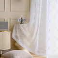 Sheer Curtains White 63 Inches Embroidered Wave Diamond, Rod Pocket Voile Drapes for Living room, Bedroom, Window Treatments Semi Crinkle Curtain Panels for Yard, Villa, Parlor, Set of 2, 52"x 63".